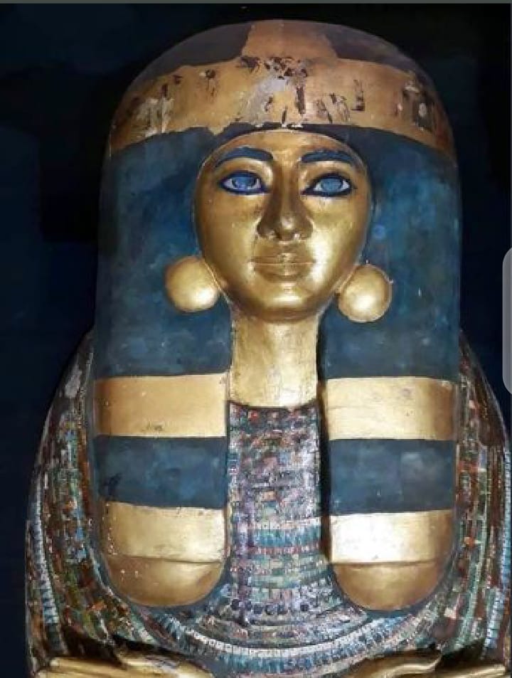 "Outer anthropoid coffin of Isetemakhbit, richly decorated with ancient Egyptian religious scenes and hieroglyphs from the 21st Dynasty."