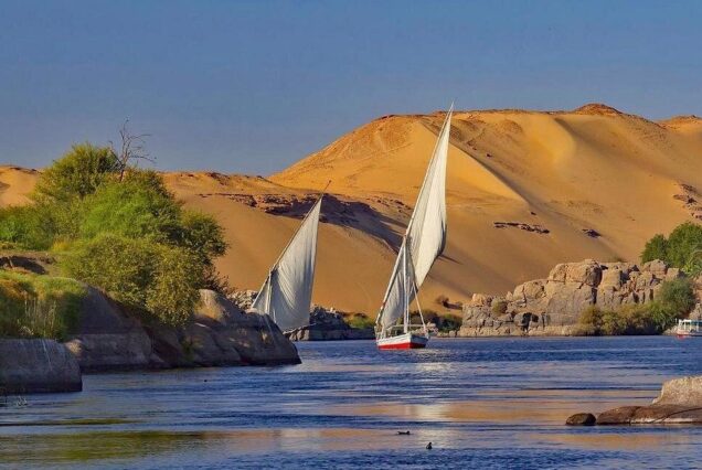 Traditional Egyptian felucca sailboats gliding on the Nile River in Aswan, with desert dunes and lush riverbanks in the background.
