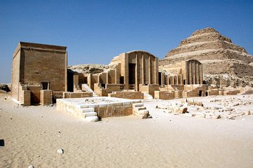 The image displays the Step Pyramid of Djoser and its surrounding mortuary complex located in Saqqara, Egypt.